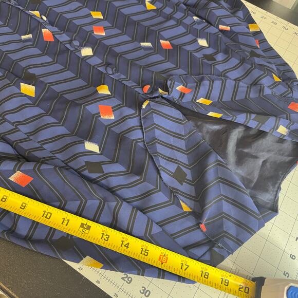 Vintage 80s Geometric Chevron Tunic Blouse Sheer Panels Blue Art Deco Pattern L - Picture 14 of 16